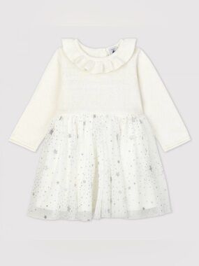 NWT Petit Bateau Cream Knitted Tulle Star Dress Ruffle Collar LongSleeve Size 6M